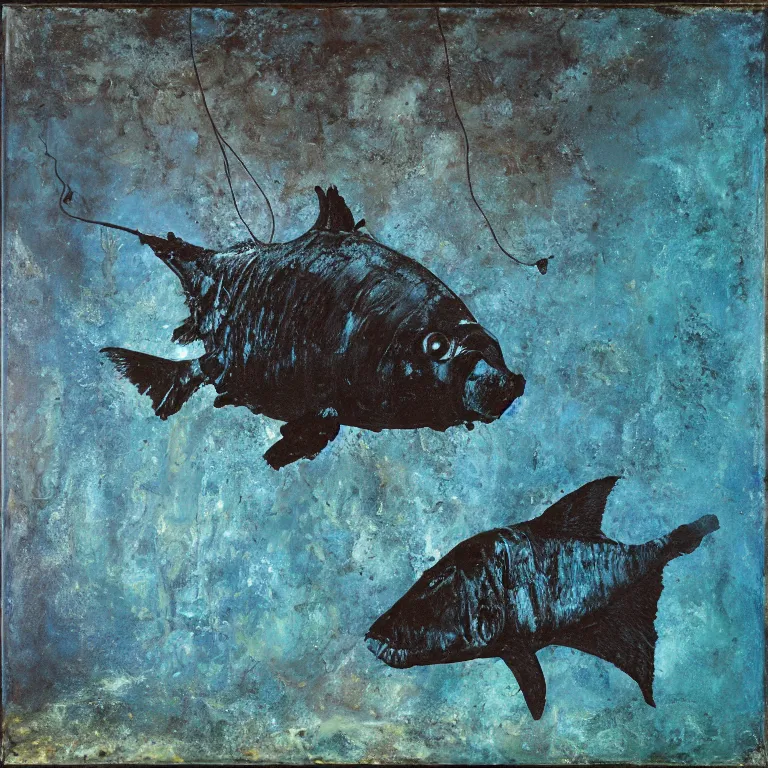 Prompt: Hyperrealistic Studio wet collodion Photograph of a deep sea humpback anglerfish deep underwater in darkness, award-winning nature deep sea expressionistic impasto oil painting by Cy Twombly and Tim Hawkinson vivid colors hyperrealism 8k