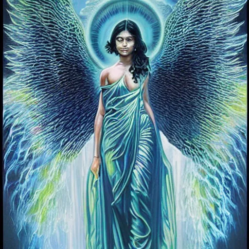 Image similar to Sri lankan girl as a winged angel covered in eyes with glowing halo, iridescent, seraphim, art by Jason Edmiston