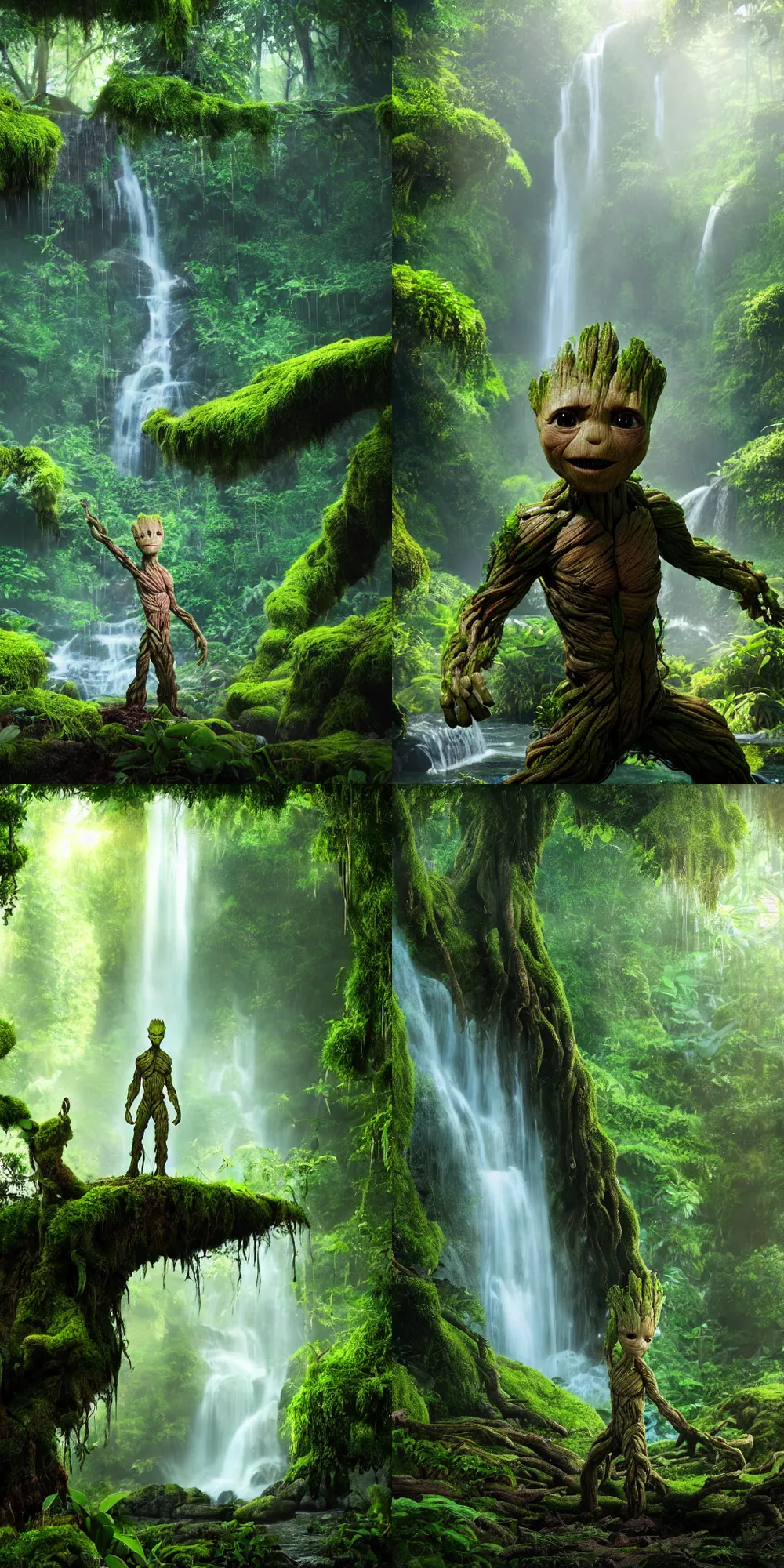 Prompt: photorealistic wide shot focus portrait of Groot posing, under waterfall, jungle, green moss, bokeh, octane render, unreal engine 4k, volumetric lighting, mist, twilight, detailed