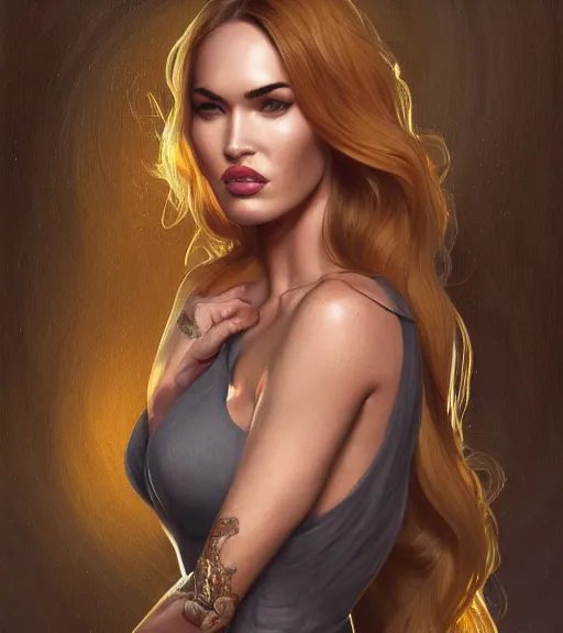 Image similar to megan fox wearing a golden dress, grey hair, red necktie, cinematic, stunning, highly detailed, digital painting, artstation, smooth, hard focus, full body shot, illustration, art by artgerm and greg rutkowski and alphonse mucha