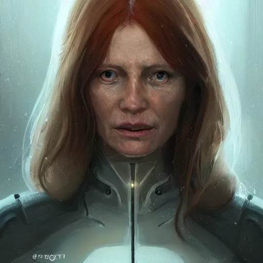 Image similar to Portrait of a woman by Greg Rutkowski, she is about 50 years old, redhead, long straight hair, beautiful oval face, wearing a futuristic tactical gear, older sister vibes, sad and resigned expression, highly detailed portrait, digital painting, artstation, concept art, smooth, sharp foccus ilustration, Artstation HQ.