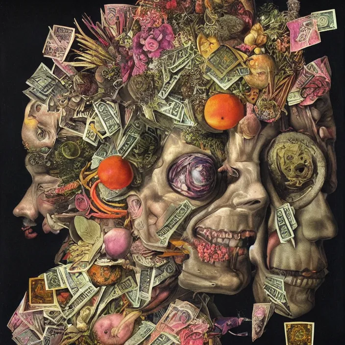 Image similar to new age album cover, asymmetrical design, dollar bank notes, capitalism, magic, psychedelic, black white pink, highly detailed, magic, giger h. r., giuseppe arcimboldo