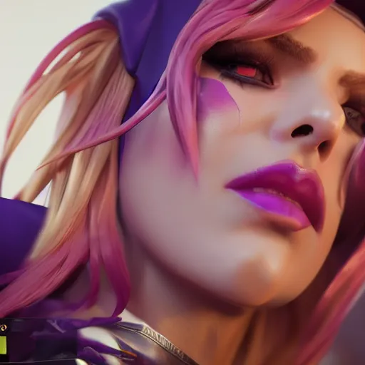 Image similar to still of pretty KDA More Miss Fortune (wild rift) close up in a music video. 3d render, octane render, game art, realistic, highly detailed, trending on artstation, 4k, trending on artstation, cgsociety, unreal engine 5, redshift render, trending on artstation, blender, behance, cg