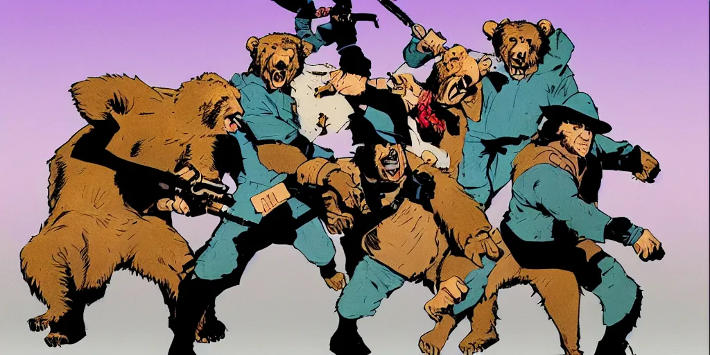 Image similar to style of frank miller, of a group of werebears robbing a bank