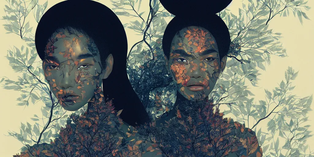 Prompt: breathtaking detailed concept art painting pattern of black faces goddesses amalgamation autumn leaves with anxious piercing eyes, by hsiao - ron cheng and james jean, bizarre compositions, exquisite detail, extremely moody lighting, 8 k