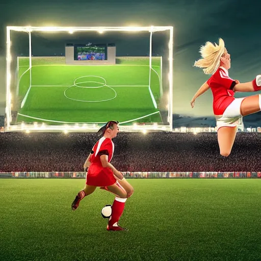 Prompt: of a wide angle behind a blonde soccer star woman mid kick in the air scoring a goal past a goalkeeper diving and everyone behind the net in celebration cheering, scoreboard in background says 4 to 0, digital art, ultra high detail, cinematic