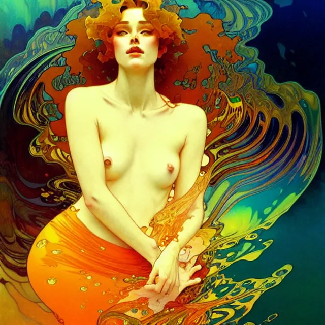 Image similar to mind bending ocean waves of glossy psychedelic liquid honey drops flowing like kaleidoscopic translucent amber, lsd waves, lsd ripples, crystal clear, backlit, sunset, refracted lighting, art by collier, albert aublet, krenz cushart, artem demura, alphonse mucha