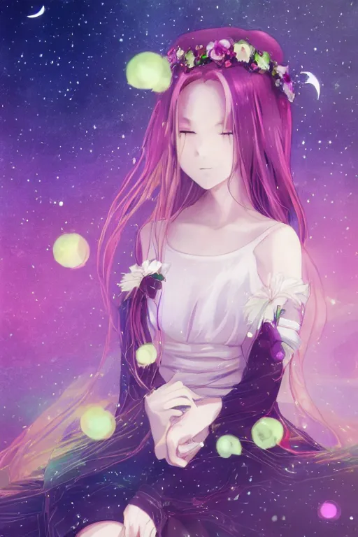 Image similar to whimsical, anime, 4k, beautiful intimate woman with professional makeup, long purple hair, a crystal and flower dress, sitting in on a reflective pond underneath the stars, rainbow fireflies, trending on patreon, deviantart, twitter, artstation, subtle and detailed, heavy contrast, art style of Ross Tran and Ilya Kuvshinov