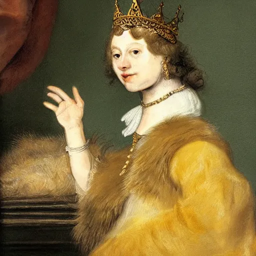 Prompt: a female mutant tabby cat with green eyes and long dark fur wearing aristocratic robes and a golden necklace and a crown sitting in a garden in the style of Rembrandt