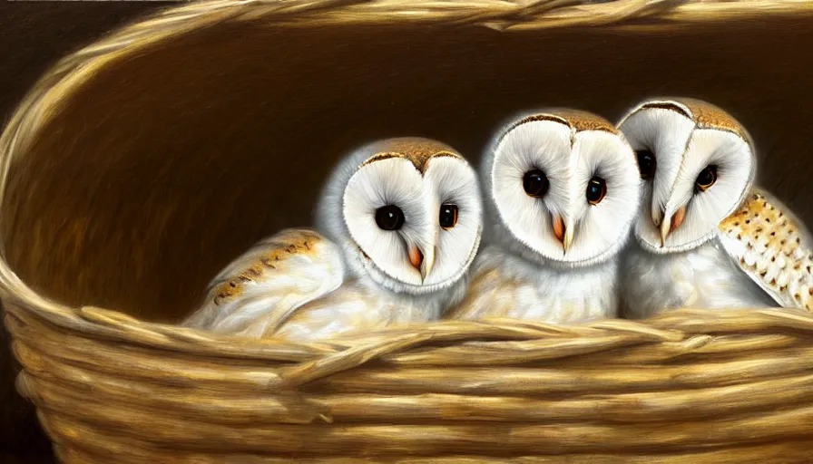 Image similar to highly detailed painting of cute furry white baby barn owls wearing shades cuddling up in a basket by william turner, thick brush strokes and visible paint layers, 4 k resolution