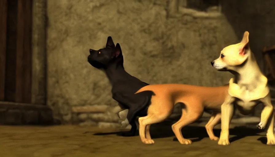 Image similar to a tropical dog dog kitten in the style of francisco goya, 4 k resolution, in skyrim videogame, bethesda skyrim npc, unreal engine render