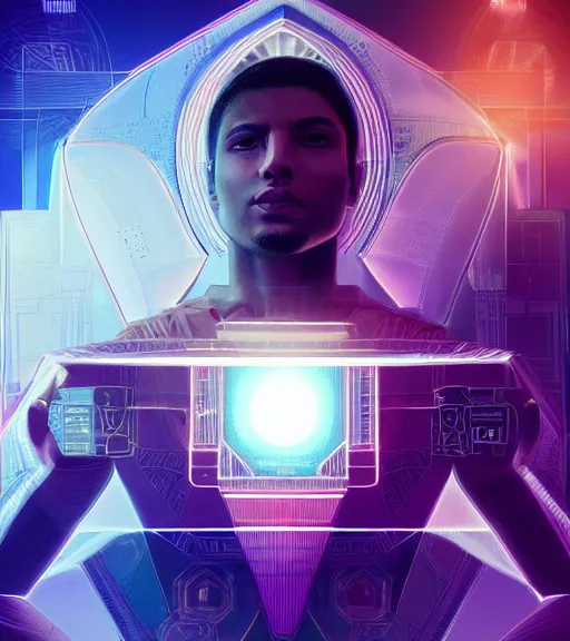 Image similar to symmetry!! egyptian prince of technology, solid cube of light, hard edges, product render retro - futuristic poster scifi, lasers and neon circuits, brown skin man egyptian prince, intricate, elegant, highly detailed, digital painting, artstation, concept art, smooth, sharp focus, illustration, dreamlike, art by artgerm