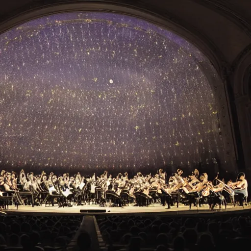 Image similar to count all the stars of that night by heart, the piece ends when all the orchestra members finish counting the stars or when it dawns, volumetric lighting