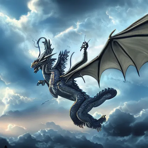 Prompt: A detailed and beautiful dragon flying surrounded by clouds and lightning in the sky with wings spread wide, 8k, hyper realistic