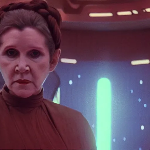 Image similar to a full color still of Carrie Fisher as Leia Organa as a regal Senator in the Galactic Senate talking to an alien, cinematic lighting, 1999, directed by Steven Spielberg, 35mm