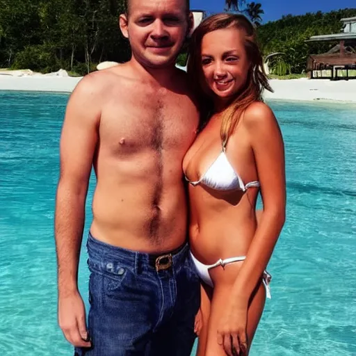 Image similar to photo of a 4 0 year old man that looks young for his age dating a very attractive 2 2 year old woman wearing a bikini. they seem to be into eachother.