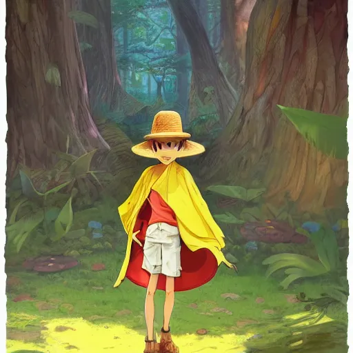 Image similar to concept art painting of an anthropomorphic luffy wearing a yellow cloak, holding a straw hat, in the deep forest, realistic, detailed, cel shaded, in the style of by isaac asimov and marc simonetti and makoto shinkai and greg rutkowski