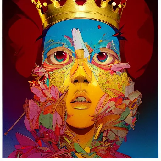 Image similar to prompt : colorful bird, golden crown, soft light painted by james jean and katsuhiro otomo and erik jones, inspired by akira anime, smooth face feature, intricate oil painting, high detail illustration, sharp high detail, manga and anime 1 9 9 9