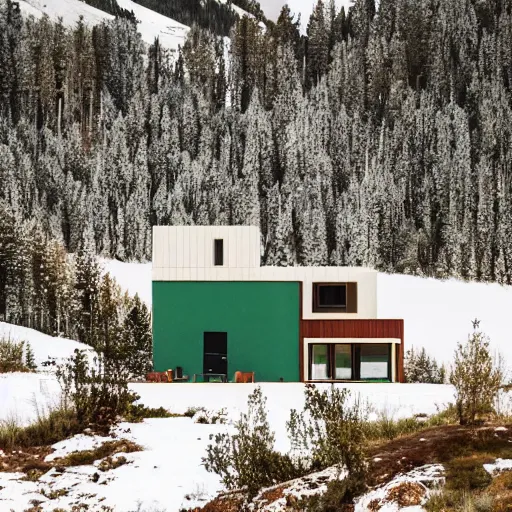 Image similar to wes anderson style modern futuristic house near the lake, snowy mountains and green forest, cinematic, realism, photo, detailed