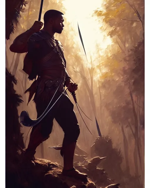 Image similar to robin hood fighting the predator. realistic shaded lighting poster by greg rutkowski, magali villeneuve, artgerm, jeremy lipkin and michael garmash and rob rey