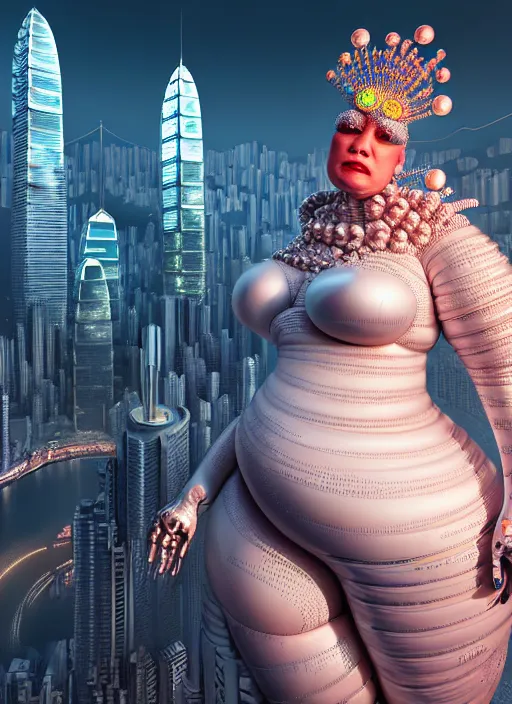 Prompt: portrait of an absurdly ugly, awful disgusting fat gross woman, fashionable cyberpunk mechanoid, hong kong city background, hyperdetailed illustration by irakli nadar and alexandre ferra, intricate linework, white porcelain skin, faberge, coral headdress, unreal engine 5 highly rendered, global illumination, radiant light, detailed and intricate environment