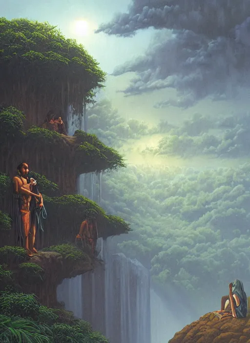 Image similar to an indigenous man sitting and praying in the jungle, while old faces of his ancestors watch over him in the clouds, art by christophe vacher