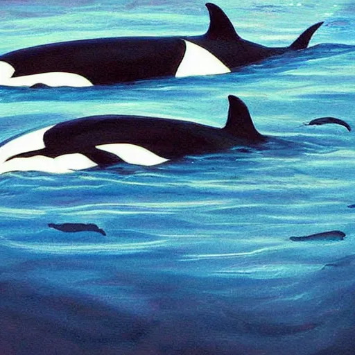 Prompt: a painting of a group of orca's swimming in a lake, a storybook illustration by sarah louisa kilpack, featured on deviantart.