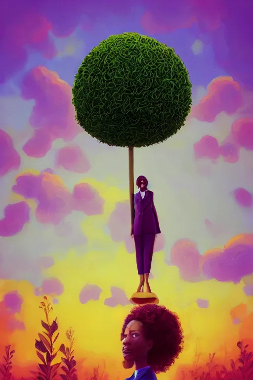 Image similar to portrait, giant flower as head, black woman in suit, surreal photography, golden hour, colorful clouds, impressionist painting, digital painting, artstation, simon stalenhag