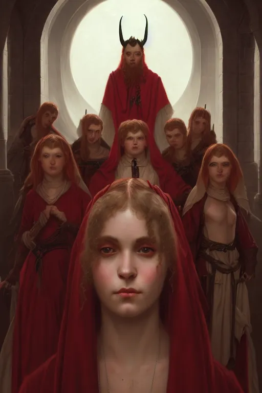 Image similar to a portrait of Satan and his concubines , white eyes, bored, illustration, soft lighting, soft details, painting oil on canvas by Edmund Blair Leighton and Charlie Bowater octane render, HDR, trending on artstation, 4k, 8k, HD