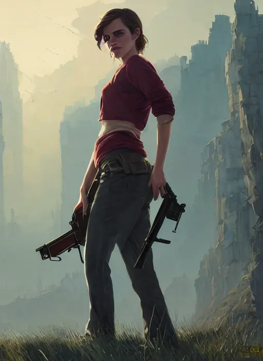 Image similar to highly detailed painting of emma watson holding a shotgun in gta v, stephen bliss, unreal engine, fantasy art by greg rutkowski, loish, rhads, ferdinand knab, makoto shinkai and lois van baarle, ilya kuvshinov, rossdraws, tom bagshaw, global illumination, radiant light, detailed and intricate environment