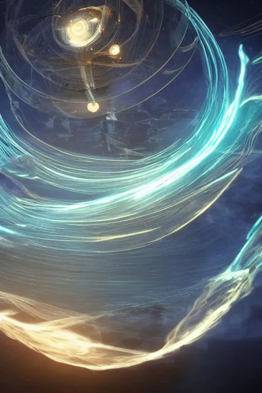 Image similar to swirling light streaks and ornate flowing smoke streams and smooth particle effects flow around a small metallic sphere, unreal engine