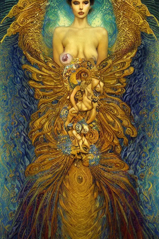 Prompt: Visions of Paradise by Karol Bak, Jean Deville, Gustav Klimt, and Vincent Van Gogh, visionary, otherworldly, fractal structures, infinite angel wings, ornate gilded medieval icon, third eye, spirals, heavenly spiraling clouds with godrays, airy colors, feathery wings