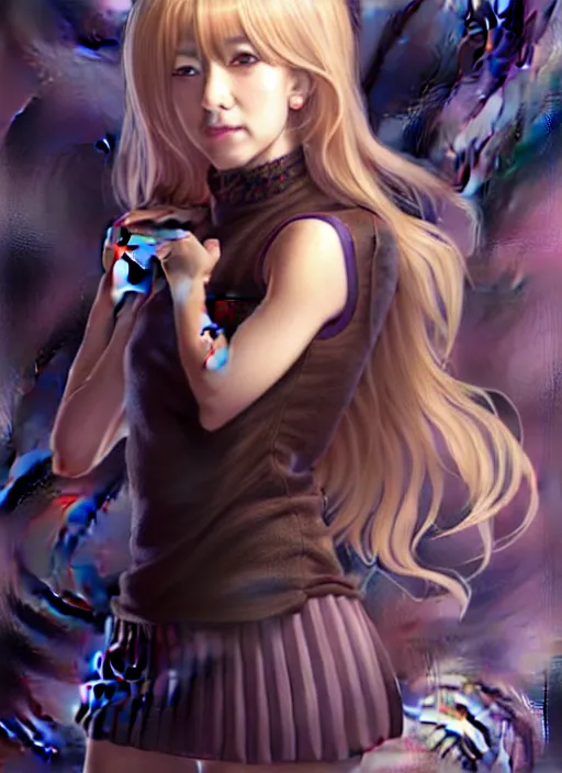 Image similar to portrait of a full body of beautiful young female detective, d & d, sleeveless turtleneck, pleated skirt, fantasy, flat lighting, intricate, highly detailed, digital painting, artstation, concept art, smooth, sharp focus, illustration, misa amane, art by simon bisley and greg rutkowski and alphonse mucha, natural tpose