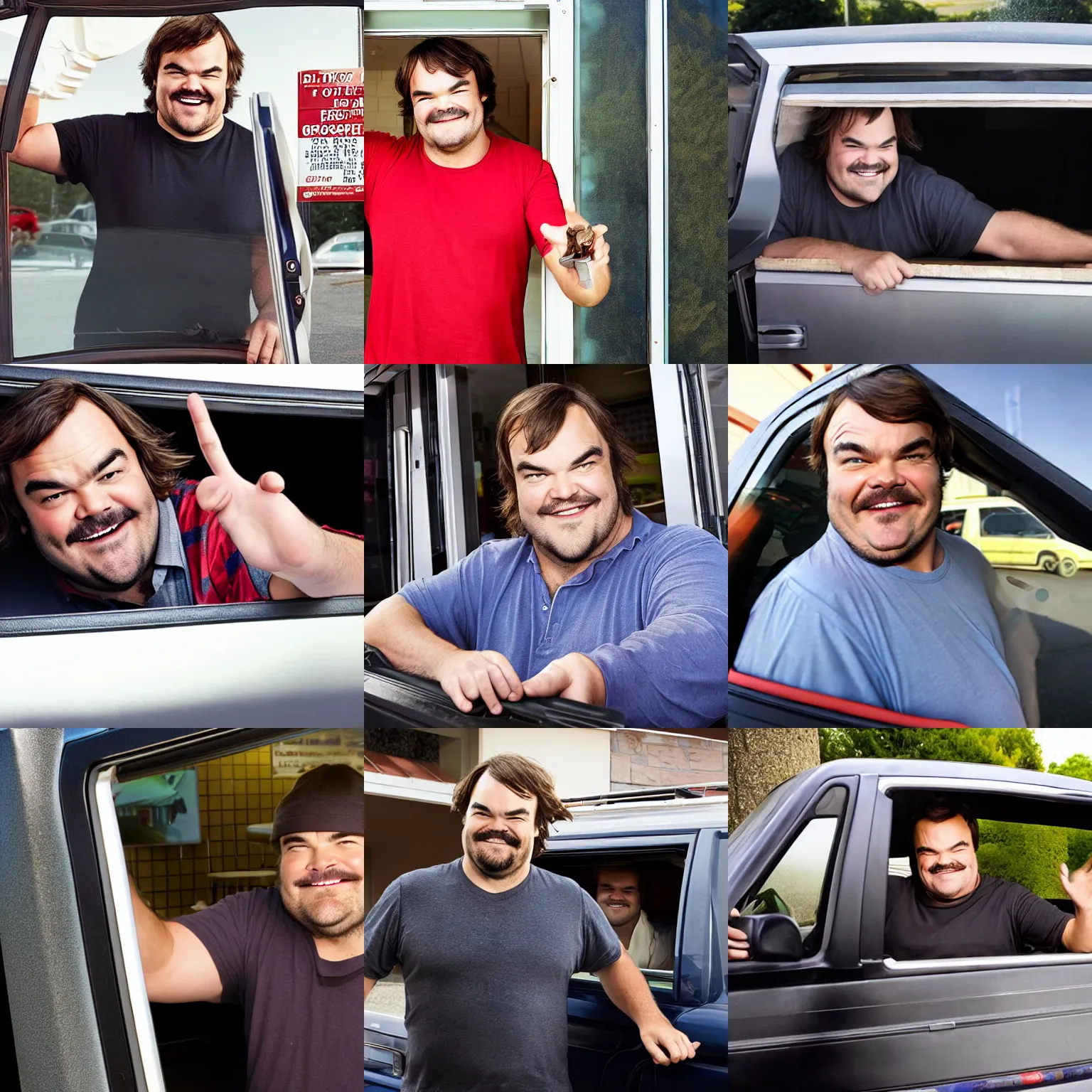 Prompt: a promotional photo of Jack Black smiling and leaning out of a drive-thru window