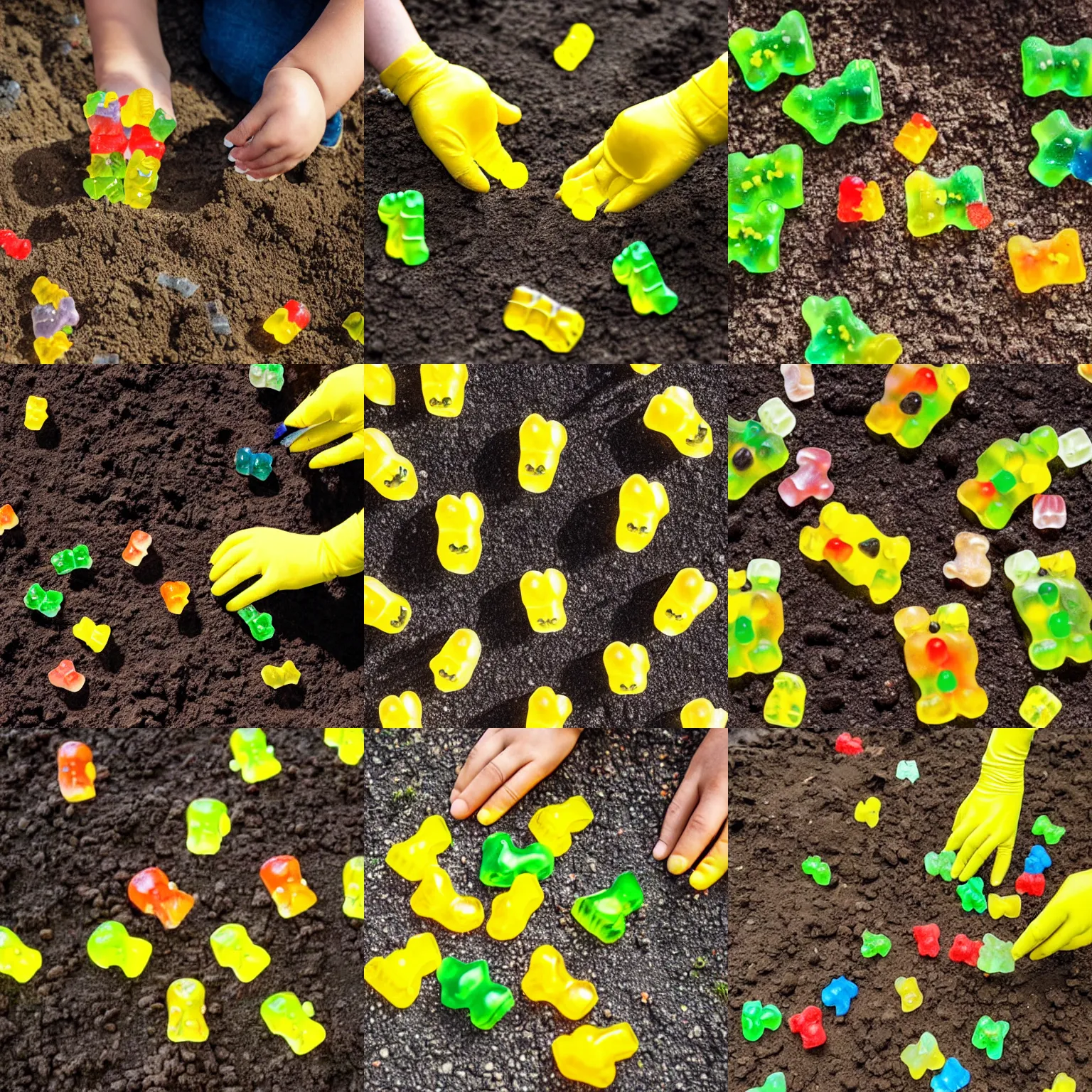 Prompt: a yellow hand planting gummy bears in the ground.