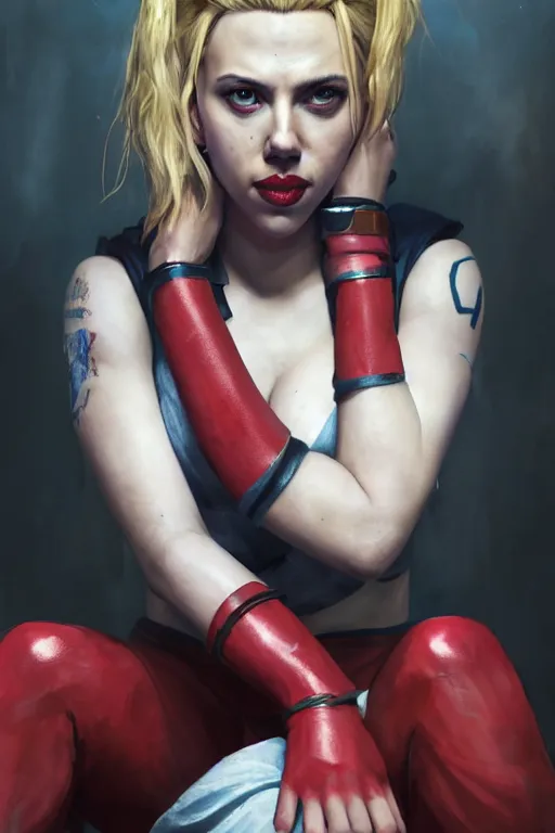 Image similar to a portrait of a Scarlett Johansson as Harley Quinn by Greg Rutkowski, Sung Choi, Mitchell Mohrhauser, Maciej Kuciara, Johnson Ting, Maxim Verehin, Peter Konig, final fantasy , mythical, 8k photorealistic, cinematic lighting, HD, high details, atmospheric,