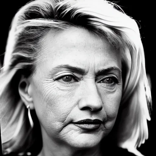 Prompt: black and white vogue closeup portrait by herb ritts of a beautiful model, hillary clinton, high contrast