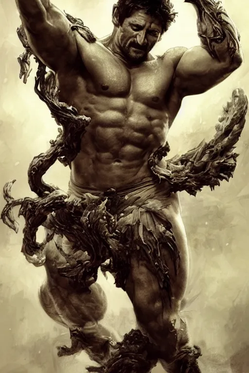 Image similar to portrait of gerard butler as a hulking herculean demon, forest, godlike, full body, fantasy, intricate, elegant, highly detailed, digital painting, artstation, concept art, sharp focus, illustration, art by artgerm and greg rutkowski and alphonse mucha