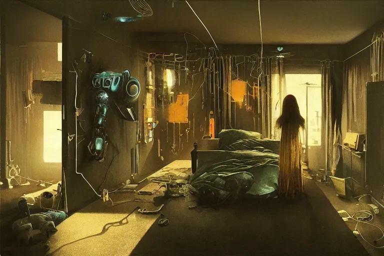 Image similar to IKEA catalogue photo, cyberpunk teenager bedroom, ghosts, screens, TVs, monitors, robots, by Beksiński