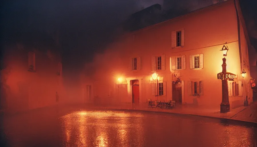 Prompt: 1 9 7 0 s movie still of a heavy burning french style townhouse in a small french village by night rain fog, cinestill 8 0 0 t 3 5 mm, heavy grain, high quality, high detail, dramatic light, anamorphic, flares