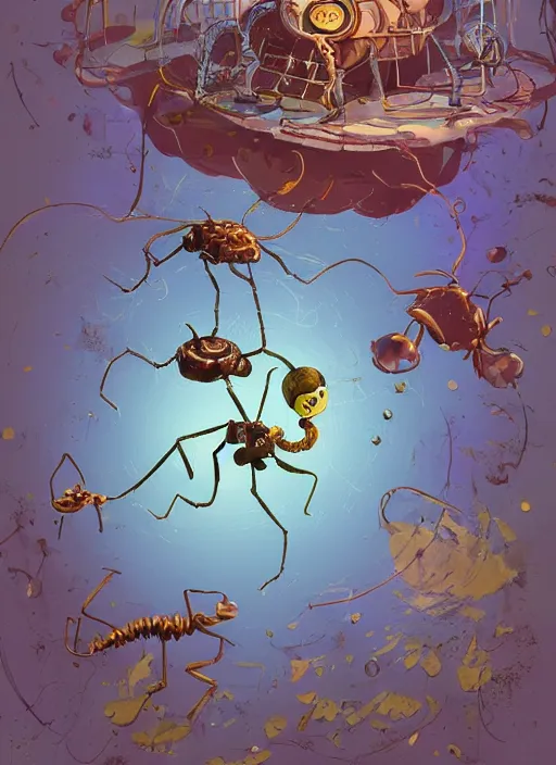 Prompt: crazy ant travels through time via steampunk portals, pixiv fanbox, dramatic lighting, maximalist pastel color palette, splatter paint, pixar and disney exploded - view drawing, graphic novel by fiona staples and dustin nguyen, peter elson, alan bean, wangechi mutu, clean cel shaded vector art, trending on artstation