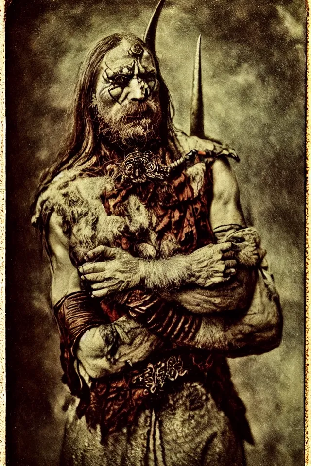 Prompt: colorful portrait of a demonic viking, 1 8 0 0 s victorian photo, hand coloured photo, atmospheric, highly detailed, by joel peter witkin