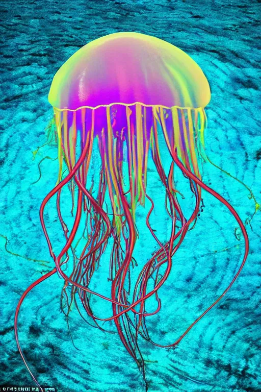 Image similar to a hypnotic glowing jellyfish with tentacles made out of razor wire swimming though a beautiful multicolored sea