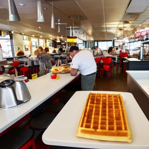 Image similar to busy wafflehouse interior with customers eating breakfast and wafflehouse employees serving food and cooking behind countertop