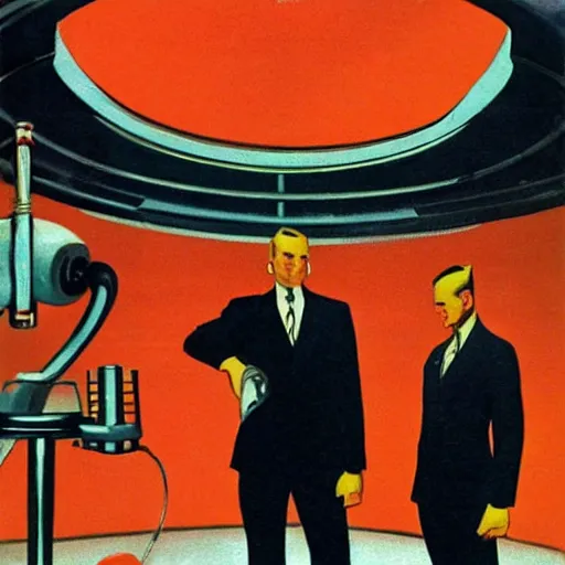 Image similar to man in futurist 6 0 ´ s lab, machines and futurist robots, red lights, leyendecker style, boris vallejo style, black suit