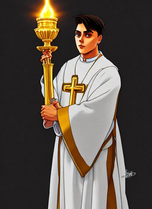 Prompt: paulo dybala as a priest wearing robes. holding golden candlestick, in a monestry natural lighting, path traced, highly detailed, high quality, digital painting, by don bluth and ross tran and studio ghibli and alphonse mucha, artgerm