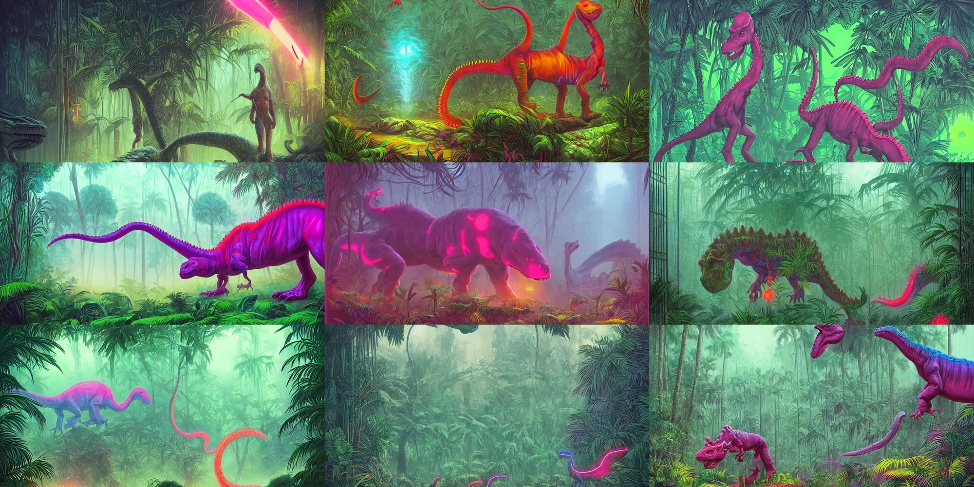 Prompt: neon dinosaur in a foggy jungle by magali villeneuve