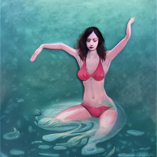 Image similar to A woman submerged underwater, you can only see her face from an aerial view with lily pads surrounding her as her hand reaches out to you, artistic digital art, very opaque, gloomy style, oil paints and pastel highlights, trending on artstation, artstationHD, artstationHQ, 4k, 8k