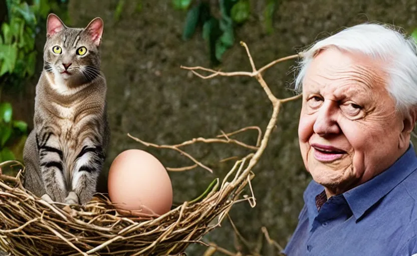 Prompt: david attenborough pointing at a cat in a big nest, lots of eggs. national geographic, strange, photorealistic