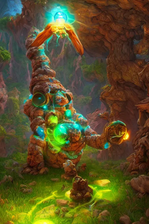 Image similar to arcane fantasy art giant golem elemental wood rock bastion forged gemstone enchanted forest troll, global illumination ray tracing hdr fanart arstation by sung choi and eric pfeiffer and gabriel garza and casper konefal lisa frank zbrush central hardmesh radiating a glowing aura